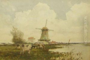 Dutch Canal Scene With Cattle Grazing In Foreground by James Robertson Miller