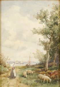 On The Maas - With A Dutch Girl With Sheep by James Robertson Miller