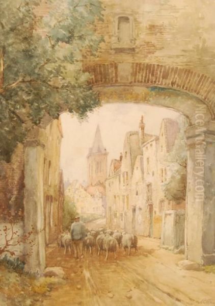 Shepherd And Sheep In A Belgian Village - view 1