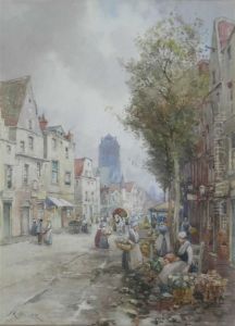 A Dutch Market By The Canal by James Robertson Miller