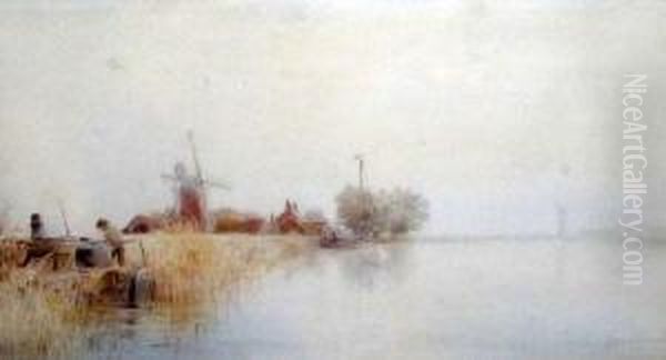Broads Scene With Fishermen And Windmill To Distance - view 1