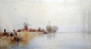 Broads Scene With Fishermen And Windmill To Distance by Marshall John Miller