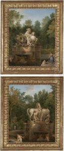 A Pair Of Views Of The Fountains "les Cheveaux De Soleil" At Versailles With Bathers by Jean-Francois Millet