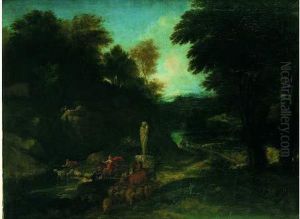 Paysage De La Campagne Italienne Avec Un Convoi De Bergers by Jean-Francois Millet