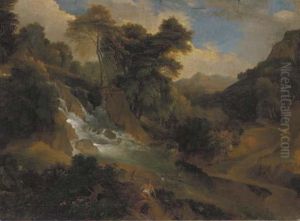 A Wooded Landscape With Women By A Waterfall
