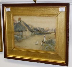 Girl And Geese Before Cottages by James W. Milliken