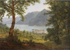 Vue Du Lac De Come, Prise Au Dessus Du Palais Odescalchi [ ; View Of The Lake Of Como ; Oil On Canvas Signed And Dated 1805] by Alexandre Louis R. Millin Du Perreux