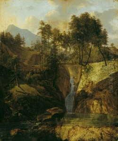 Gebirgslandschaft Mit Wasserfall. Signiert Und Datiert Unten Links: Du Perreux 1807. Ol Auf Leinwand. H 34; B 28,5 Cm. - view 1