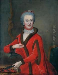 Ritratto Di Giovane Dama Presso Un Braciere Con Abito Rosso Bordato Di Pelliccia by Johann Michael Millitz