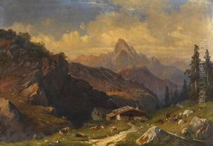 Hochgebirgslandschaft Mit Almhutte Und Hirten by Karl Millner