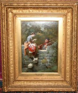 Country Maid Sitting On A Wall In Conversation With A Gamekeeper