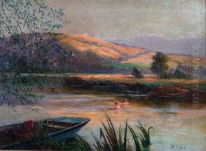 Two Figures Bathing In A River With Moored Punt