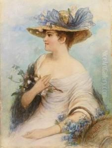 Portrait Einer Sitzendenjungen Frau Mit Hut Und Blumen by Adolphe Philippe Millot
