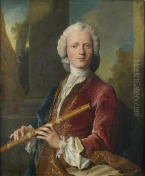 Portrait De Gentilhomme Jouant De La Flute Traversiere - view 1