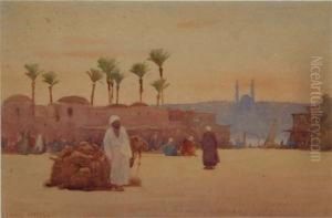 An Arab And His Camel With A View Of Cairo Beyond by Edward Mills