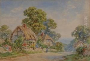 Thatched Cottages And Figures Talking Over The Garden Gate
