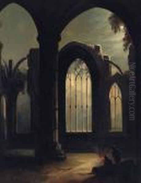 Figures By A Camp Fire In A Moonlit Ruined Abbey - view 1