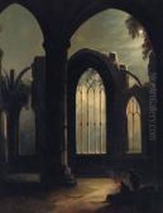Figures By A Camp Fire In A Moonlit Ruined Abbey