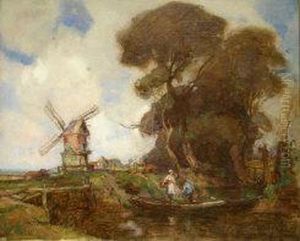 Ferry By A Windmill