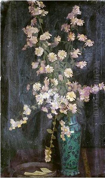 Still Life Of Flowers In A Tall Blue Cloisonne Vase - view 1