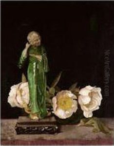 Still Life Of Chinese Statuette With Roses by William M. Milner