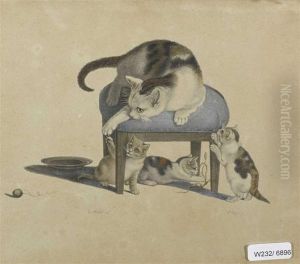 Die Katzenfamilie Mit Dem Tabouret by Gottfried Mind or Mindt
