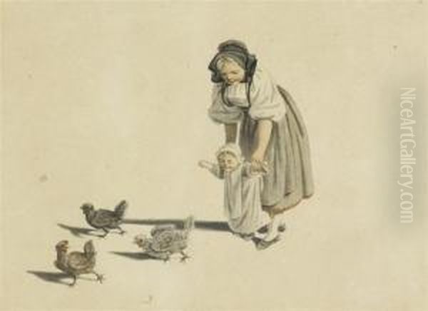Young Mother Withsmall Child And Three Chickens - view 1