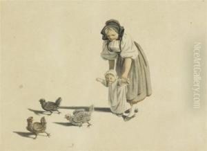 Young Mother Withsmall Child And Three Chickens by Gottfried Mind or Mindt