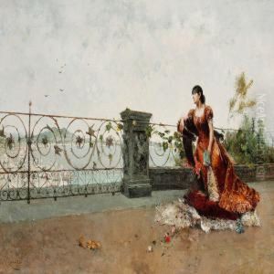 A Young Lady Enjoying The View From A Terrace by Francisco Miralles Galup