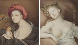 Une Femme En Buste Enturbannee Et Tenant Un Eventail; Et Une Femme Endormie, En Buste by Le Noel Jules Mire