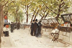 Market Stalls Along The Seine by Gaspar Miro Y Lleo