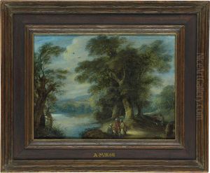 Wooded River Landscape With Figures by Anton Mirou