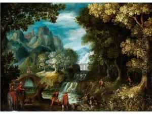 Baumlandschaft Mit Kaskaden Undjagdgesellschaft