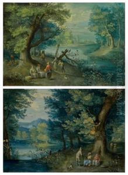 Personnages Se Promenant Au Bord D'une Riviere - view 1