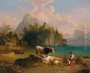 Hirtenpaar Mit Kuhen Am Ufer Des Traunsee by Franz Mirwald