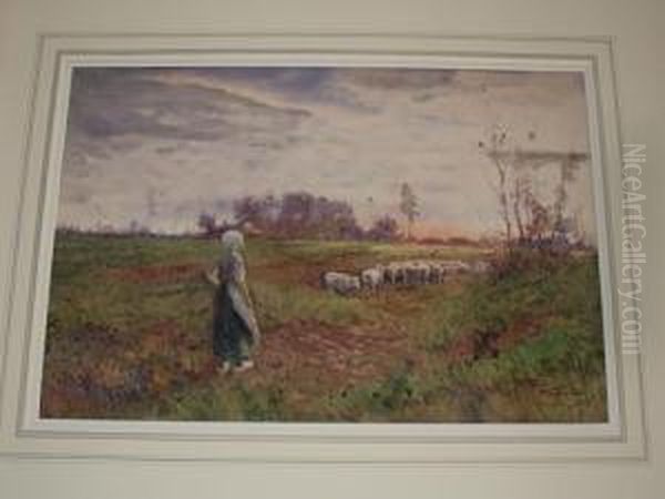 Shepherdess And Flock In A Meadow - view 1