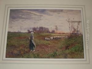 Shepherdess And Flock In A Meadow