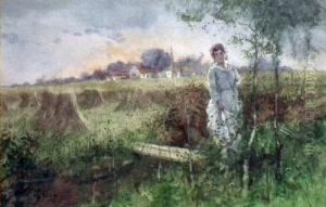 River Landscape With Woman To Foreground Standing By A Small Bridge