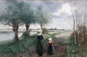 Continental River Landscape With Two Figures To Pathway by Hutton Mitchell