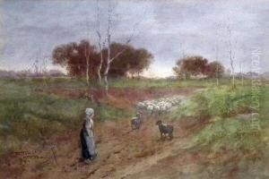Country Landscape With Shepherdess And Her Flock by Hutton Mitchell