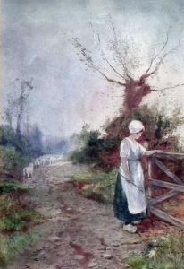 Dutch Country Landscape With Shepherdess By A Gate And Her Flock To Background by Hutton Mitchell