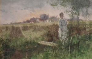 River Landscape With Woman To Foregroundstanding By A Small Bridge