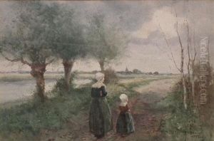 Continental River Landscape With Twofigures To Pathway by Hutton Mitchell