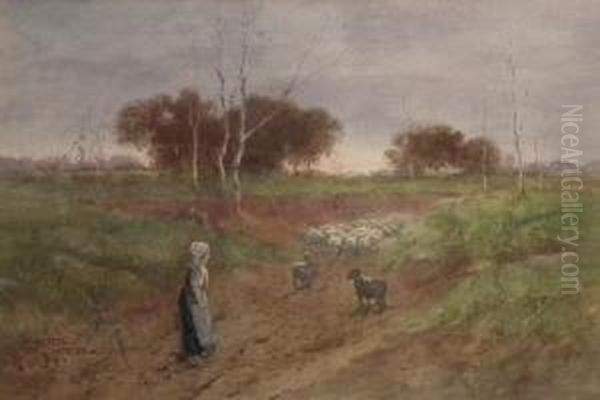 Country Landscape With Shepherdess Andher Flock - view 1