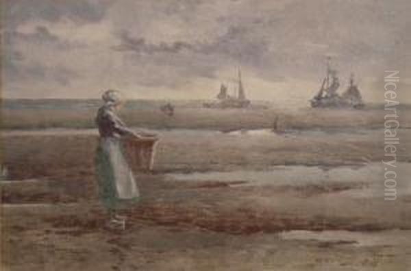 Dutch Beach Scene With Girl Toforeground And Boats To Background - view 1