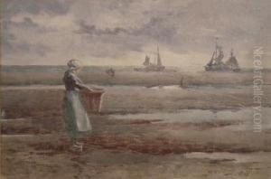 Dutch Beach Scene With Girl Toforeground And Boats To Background