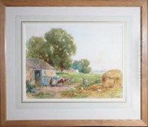 A Farmyard With A Farm Girl Feeding A Calf by James Edgar Mitchell