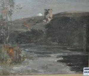 Riverside Landscape With Castle Ruin by John Campbell Mitchell