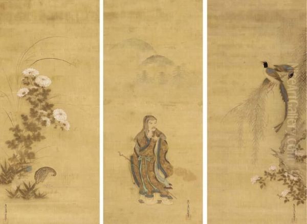 The Chinese Poet Tao Yuan-ming (to No Enmei); Long-tailed Birds Onwillow; Quails And Chrysanthemums - view 1