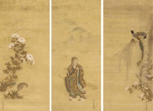 The Chinese Poet Tao Yuan-ming (to No Enmei); Long-tailed Birds Onwillow; Quails And Chrysanthemums by Mitsuoki, Tosa